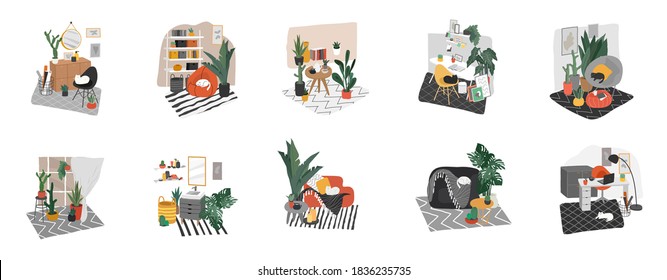 Plantilla de página de inicio para el diseño interior. Escandinavo trazar mano de baño de estilo acogedor, oficina y sala de estar. Interiores de estilo nórdico con plantas de hogar. Ilustración vectorial de dibujos animados