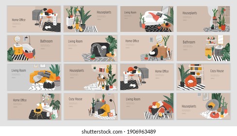 Landing page template for interior design. Hand drawn scandinavian cozy style bathroom, home office and living room. Nordic style interiors with homeplants. Cartoon vector illustration