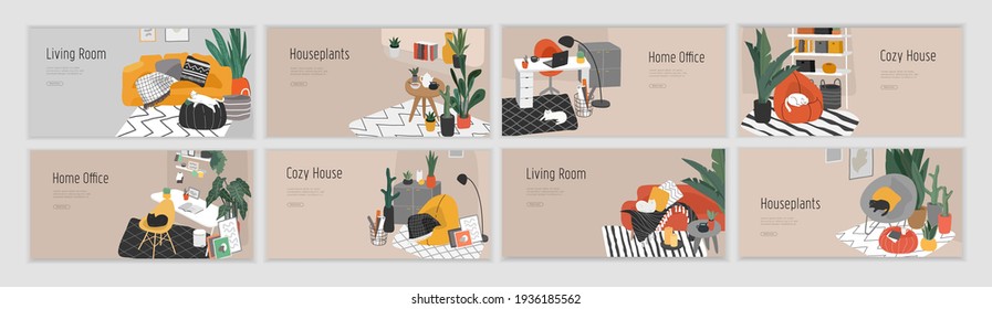 Landing page template for interior design. Hand drawn scandinavian cozy style bathroom, home office and living room. Nordic style interiors with homeplants. Cartoon vector