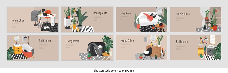 Landing page template for interior design. Hand drawn scandinavian cozy style bathroom, home office and living room. Nordic style interiors with homeplants. Cartoon vector