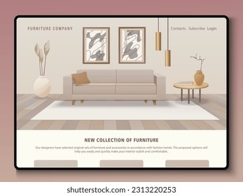 plantilla de página de inicio de diseño interior y almacén de muebles en el monitor de tableta. Mobiliario de salón y decoración casera. Interior moderno de la casa. Ilustración de dibujos animados con gradientes.