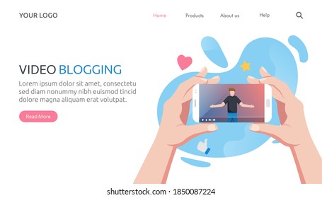 Landing page template of Internet blogger recording media content. influencer filming video blog vector illustration.