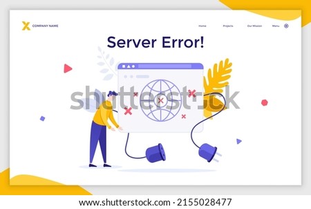 Landing page template with Internet user and browser window with plug pulled out of socket. Concept of server error, website is unavailable, access denied. Modern flat vector illustration for webpage. Foto stock © 