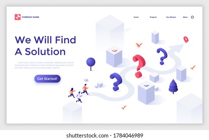 Landing page template with interrogation points and people running along arrow route towards location mark. Concept of finding solution to problem or answer to question. Isometric vector illustration.