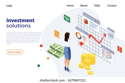 Landing page template of Investment Solutions. Bank development economics strategy. Business investment, business solution, analysis, innovative ideas. Ivestment analysis concept banner with female