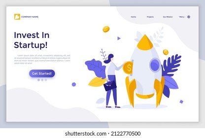 Landing page template with investor putting coin into slot in spacecraft money box. Concept of startup investment platform, investing finance in business project. Flat vector illustration for website.