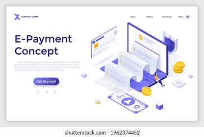 Landing page template with invoice coming out of slot in laptop computer screen. Concept of electronic payment, digital receipt, online banking. Modern isometric vector illustration for website.