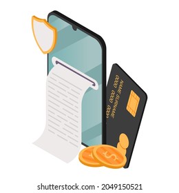 Landing page template with invoice coming out of slot in laptop computer screen. Concept of electronic payment, digital receipt, online banking. Modern isometric vector illustration for website.