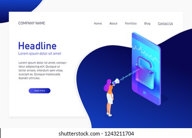Landing page template with isometric concept unlock phone by voice, website main page, character with megaphone talking to smartphone, using mobile device, opened padlock, vector illustration