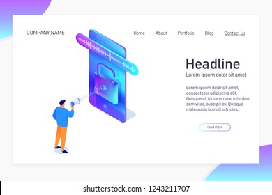 Landing page template with isometric concept, man unlock phone by voice, website main page, character with megaphone talking to smartphone, using mobile device, opened padlock, vector illustration
