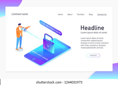 Landing page template with isometric concept of voice recognition, website main page, man unlock phone, mobile device security, character with loudspeaker, opened padlock, vector illustration