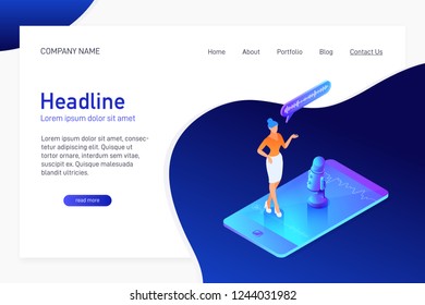 Landing page template with isometric concept of recording voice message, website main page, woman using microphone on phone, mobile device app, vector illustration