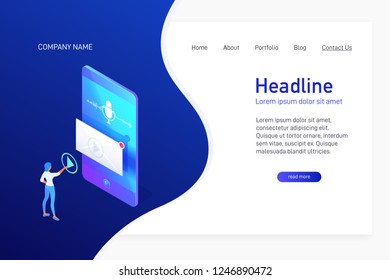 Landing page template with isometric concept playing voice message on phone, website main page, woman press button, microphone icon and soundwave on smartphone screen, vector illustration
