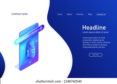 Landing page template with isometric concept of voice recording on phone, website main page, using microphone app, voice message, soundwave on smartphone screen, vector illustration