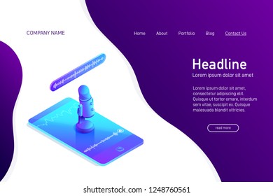 Landing page template with isometric concept of voice recording on phone, website main page, professional microphone stand on smartphone screen, soundwave, 3d vector illustration