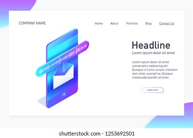 Landing page template with isometric concept of voice message receiving, website main page, opened envelope with soundwave on phone screen, online communication, vector illustration