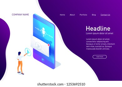 Landing page template with isometric concept playing voice message on phone, website main page, woman press button, microphone icon and soundwave on smartphone screen, vector illustration