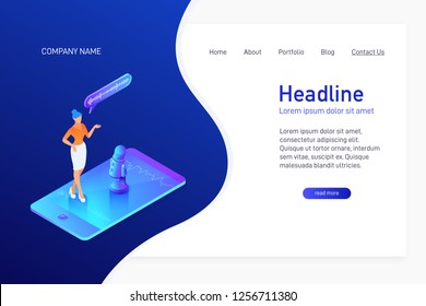 Landing Page Template With Isometric Concept Of Recording Voice Message, Website Main Page, Woman Using Microphone On Phone, Mobile Device App, Vector Illustration