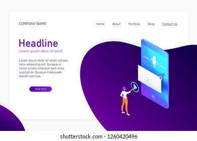 Landing page template with isometric concept playing voice message on phone, website main page, woman press button, microphone icon and soundwave on smartphone screen, vector illustration