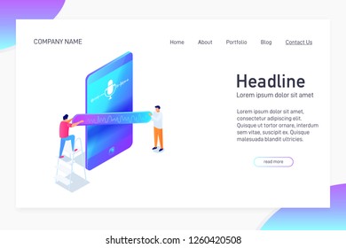Landing page template with isometric concept of voice message communication, recording by phone, website main page, people having online conversation, vector illustration
