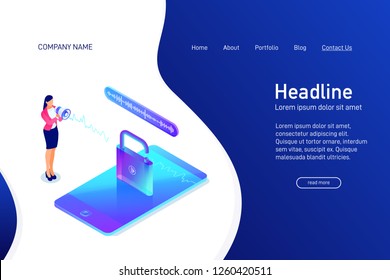 Landing page template with isometric concept of voice recognition, unlock phone, website main page, smartphone security, information safety, character with loudspeaker, vector illustration
