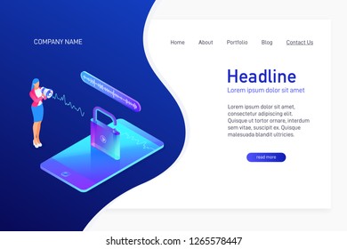 Landing page template with isometric concept of voice recognition, unlock phone, website main page, smartphone security, information safety, character with loudspeaker, vector illustration