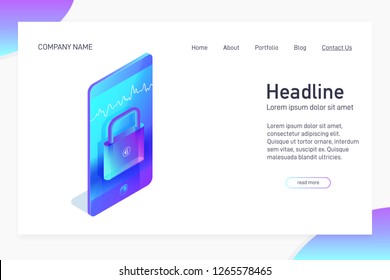 Landing page template with isometric concept of mobile device security, website main page, locked phone, biometrics, voice recognition, closed padlock icon on smartphone screen, vector illustration