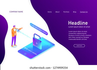 Landing page template with isometric concept of voice recognition, website main page, man unlock phone, mobile device security, character with loudspeaker, opened padlock, vector illustration