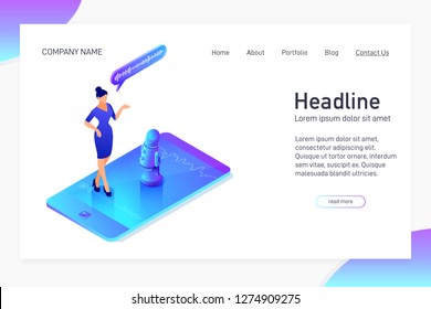 Landing page template with isometric concept of recording voice message, website main page, woman using microphone on phone, mobile device app, vector illustration