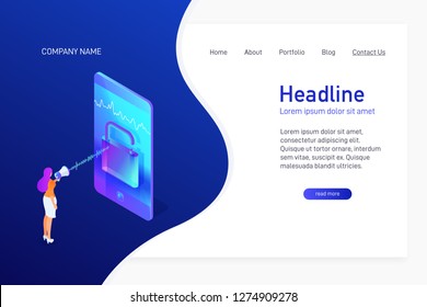 Landing page template with isometric concept unlock phone by voice, website main page, character with megaphone talking to smartphone, using mobile device, opened padlock, vector illustration