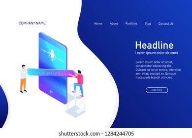 Landing page template with isometric concept of voice message communication, recording by phone, website main page, people having online conversation, vector illustration