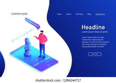 Landing page template with isometric concept of voice message recording, website main page, man using microphone on phone, talk to smartphone, online interview, vector illustration