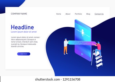 Landing page template with isometric concept of voice message communication, recording by phone, website main page, people having online conversation, vector illustration