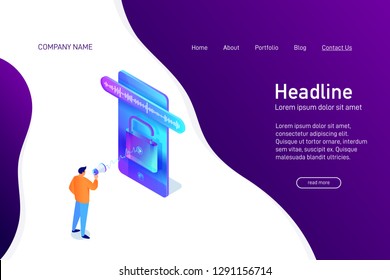 Landing page template with isometric concept, man unlock phone by voice, website main page, character with megaphone talking to smartphone, using mobile device, opened padlock, vector illustration
