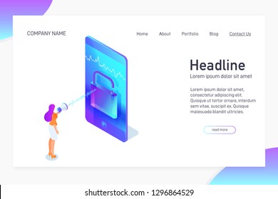 Landing page template with isometric concept unlock phone by voice, website main page, character with megaphone talking to smartphone, using mobile device, opened padlock, vector illustration