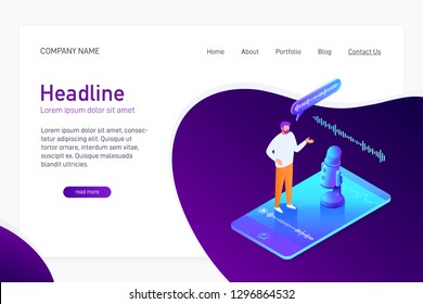 Landing page template with isometric concept of voice message recording, website main page, man using microphone on phone, talk to smartphone, online interview, vector illustration