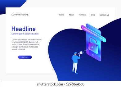 Landing page template with isometric concept, man unlock phone by voice, website main page, character with megaphone talking to smartphone, using mobile device, opened padlock, vector illustration