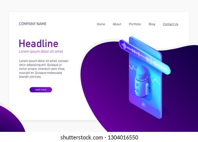 Landing page template with isometric concept of voice recording on phone, website main page, using microphone app, voice message, soundwave on smartphone screen, vector illustration