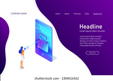 Landing page template with isometric concept unlock phone by voice, website main page, character with megaphone talking to smartphone, using mobile device, opened padlock, vector illustration