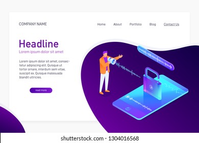 Landing page template with isometric concept of voice recognition, website main page, man unlock phone, mobile device security, character with loudspeaker, opened padlock, vector illustration