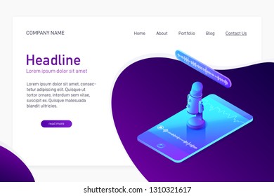 Landing page template with isometric concept of voice recording on phone, website main page, professional microphone stand on smartphone screen, soundwave, 3d vector illustration