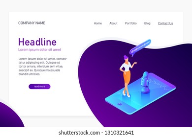 Landing page template with isometric concept of recording voice message, website main page, woman using microphone on phone, mobile device app, vector illustration