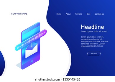 Landing page template with isometric concept of voice message receiving, website main page, opened envelope with soundwave on phone screen, online communication, vector illustration