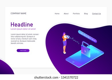 Landing page template with isometric concept of voice recognition, unlock phone, website main page, smartphone security, information safety, character with loudspeaker, vector illustration