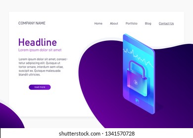 Landing page template with isometric concept of mobile device security, website main page, locked phone, biometrics, voice recognition, closed padlock icon on smartphone screen, vector illustration