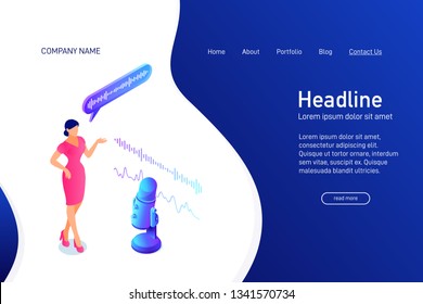 Landing page template, isometric concept of voice message recording on microphone, website main page, woman talking to microphone, radio program or announcement, interview, 3d vector illustration