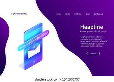 Landing page template with isometric concept of voice message receiving, website main page, opened envelope with soundwave on phone screen, online communication, vector illustration