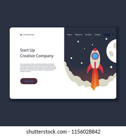 Landing page template. Isometric vector illustration of space and rockets. The head of the concept of the website to launch the company. Startup of a new company, vector illustration