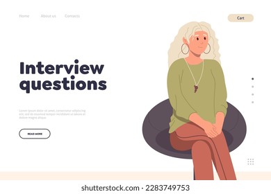 Landing page template for job interview online service with cartoon young woman sitting on chair