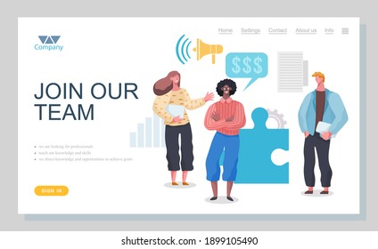 Plantilla de página de inicio Únase a nuestro concepto de negocio de equipo. Grupo de personas de negocios en el flujo de trabajo. Concepto de relación de asociación empresarial. Conversación comercial y diseño plano de comunicación profesional